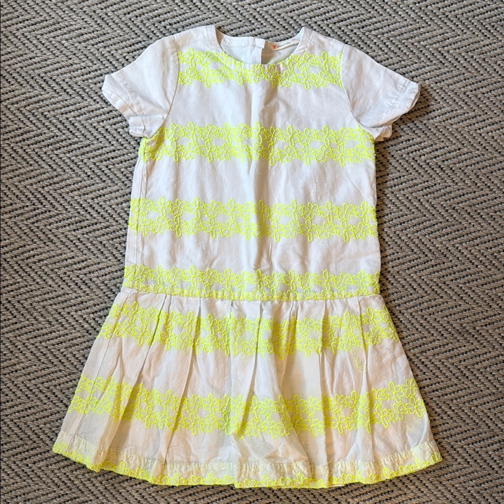 Crewcuts - Girls White Dress with Neon Yellow Lace Stripes